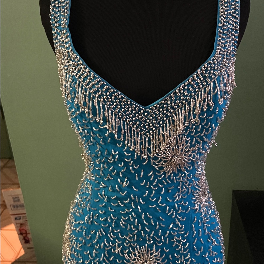 Blue Beaded Dress with Silver Accents - Picture 2 of 6